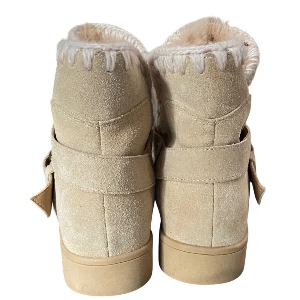 Blondo Anna Waterproof Suede Whipstitch Ankle Boots Beige Faux Fur Buckle Strap